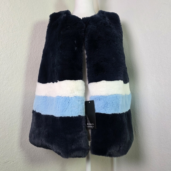 SHACI Faux Fur Vest 1X – Blue Multi Colorblock Plush Sleeveless Jacket NWT - Picture 1 of 14